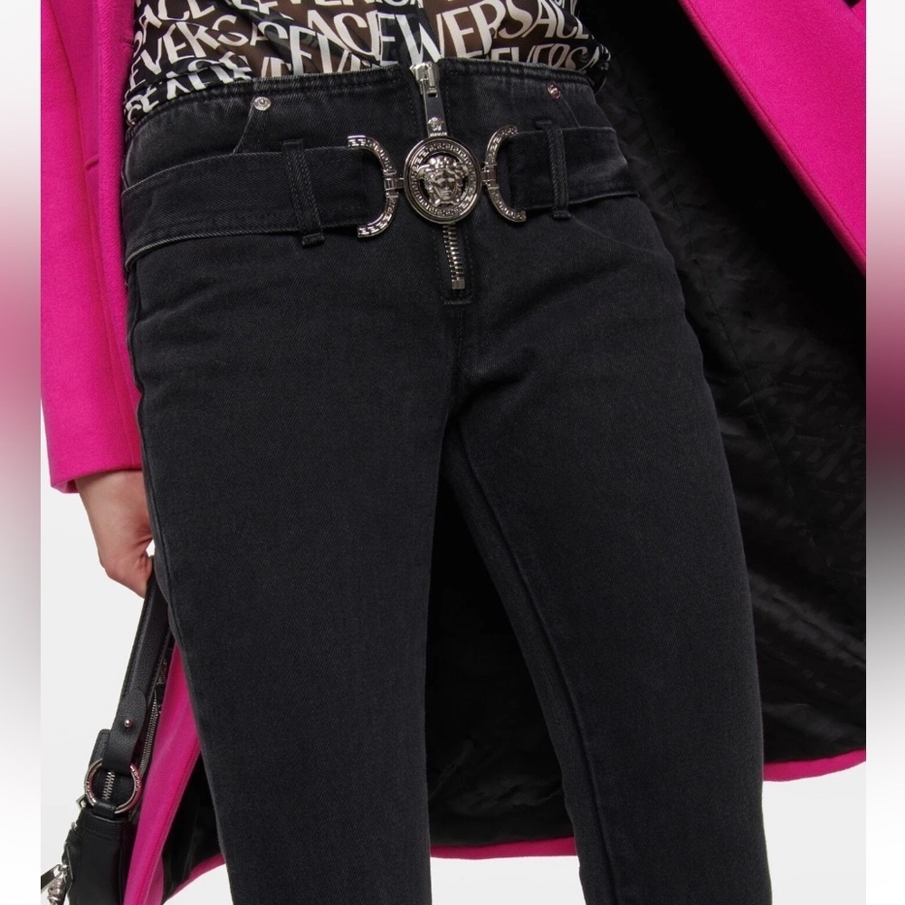 Versace Medusa Belted Low Rise Flare Jeans Faded Washed Black Size 30 NWT